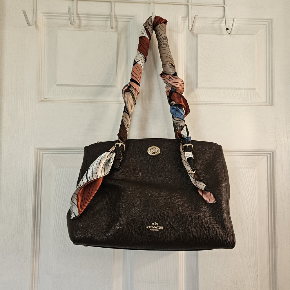 Coach Brown Leather Shoulder Bag with Multicolor Scarf Handles